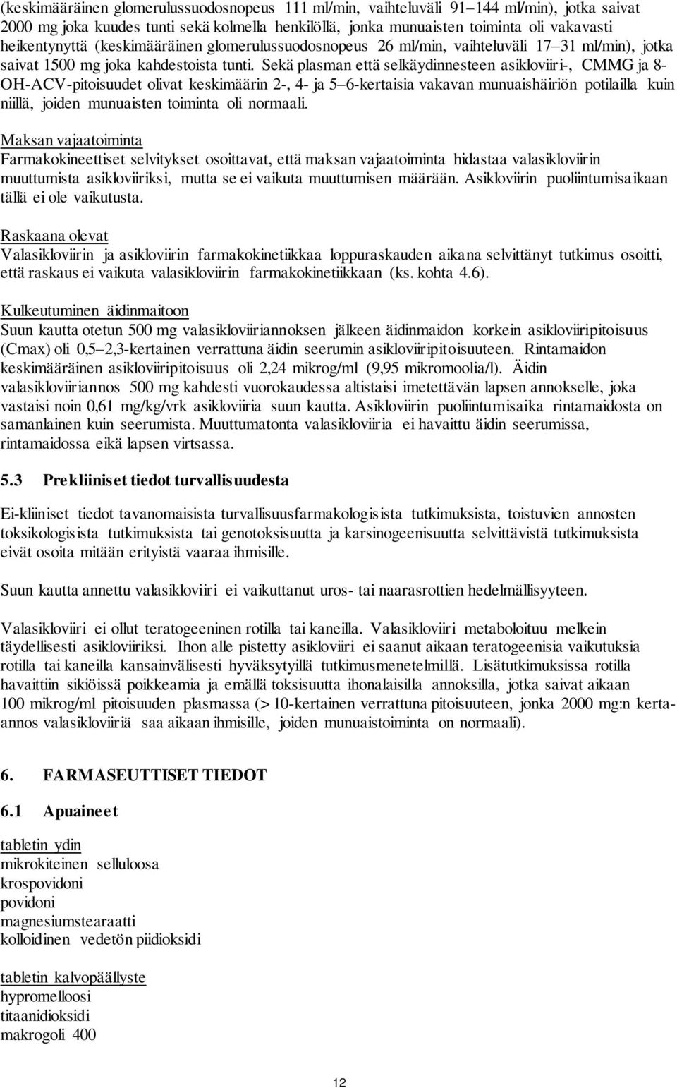 Sekä plasman että selkäydinnesteen asikloviiri-, CMMG ja 8- OH-ACV-pitoisuudet olivat keskimäärin 2-, 4- ja 5 6-kertaisia vakavan munuaishäiriön potilailla kuin niillä, joiden munuaisten toiminta oli