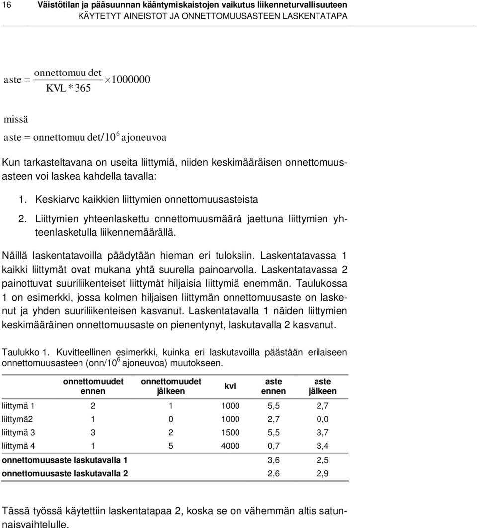 Liittymien yhteenlaskettu onnettomuusmäärä jaettuna liittymien yhteenlasketulla liikennemäärällä. Näillä laskentatavoilla päädytään hieman eri tuloksiin.