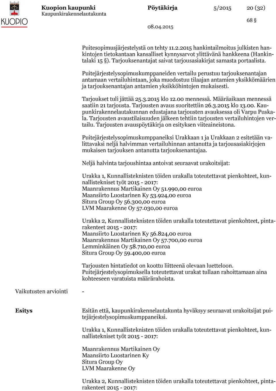 Puitejärjestelysopimuskumppaneiden vertailu perustuu tarjouksenantajan antamaan vertailuhintaan, joka muodostuu tilaajan antamien yksikkömäärien ja tarjouksenantajan antamien yksikköhintojen