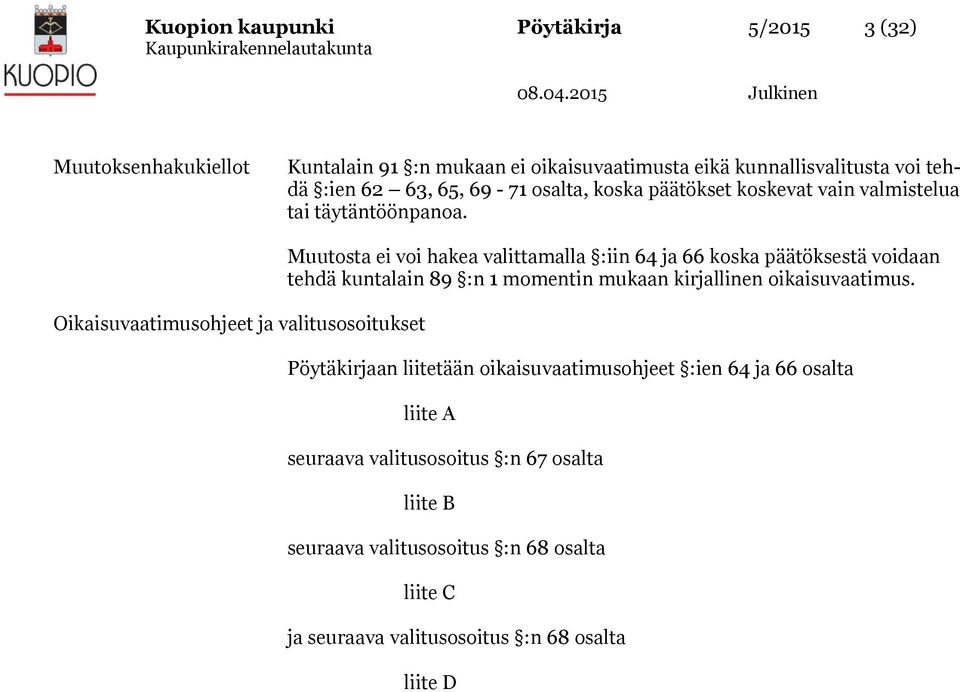 Oikaisuvaatimusohjeet ja valitusosoitukset Muutosta ei voi hakea valittamalla :iin 64 ja 66 koska päätöksestä voidaan tehdä kuntalain 89 :n 1 momentin mukaan