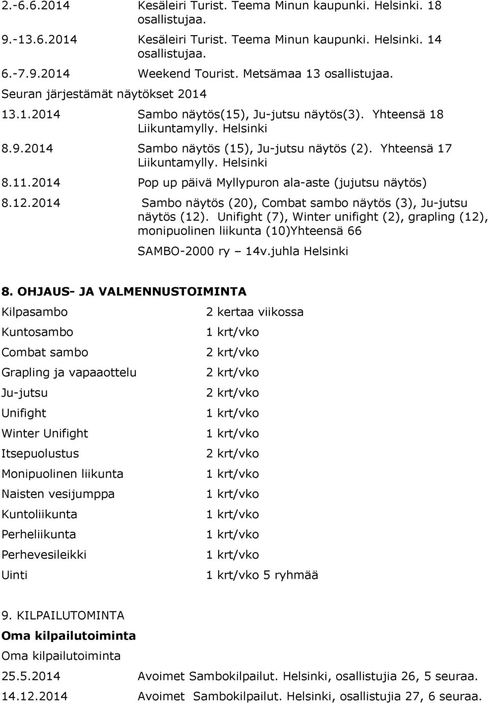 Yhteensä 17 Liikuntamylly. Helsinki 8.11.2014 Pop up päivä Myllypuron ala-aste (jujutsu näytös) 8.12.2014 Sambo näytös (20), Combat sambo näytös (3), Ju-jutsu näytös (12).