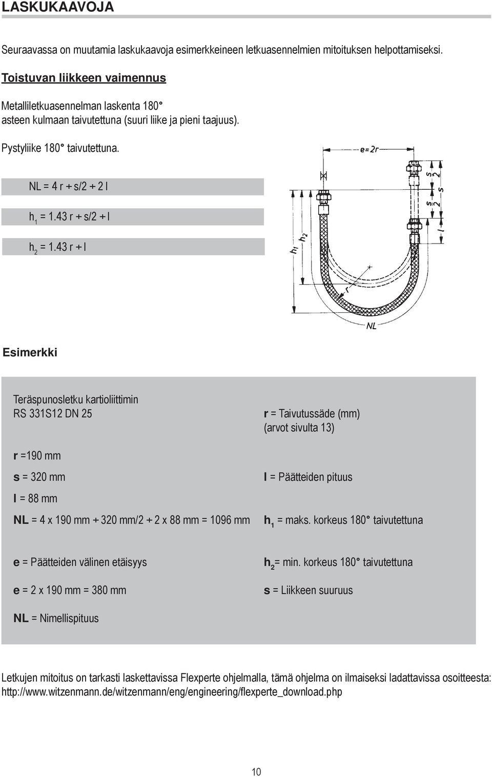 r + l Esimerkki Teräspunosletku kartioliittimin RS 1S DN r = Taivutussäde () (arvot sivulta 1) r =190 s = l = NL = x 190 + /2 + 2 x = 9 l = Päätteiden pituus h 1 = maks.