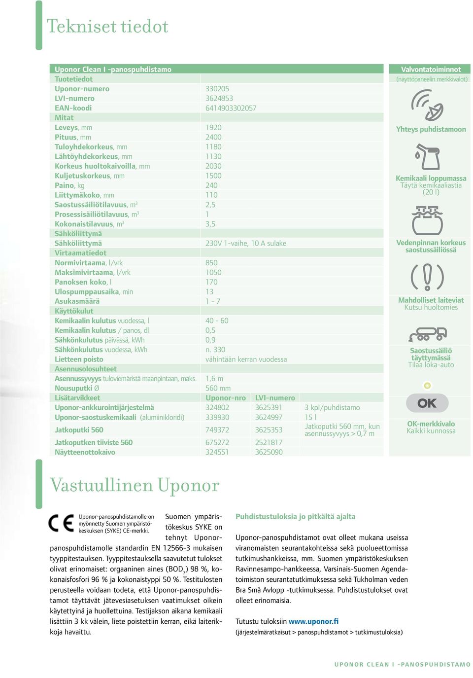 3 3,5 Sähköliittymä Sähköliittymä 230V 1-vaihe, 10 A sulake Virtaamatiedot Normivirtaama, l/vrk 850 Maksimivirtaama, l/vrk 1050 Panoksen koko, l 170 Ulospumppausaika, min 13 Asukasmäärä 1-7