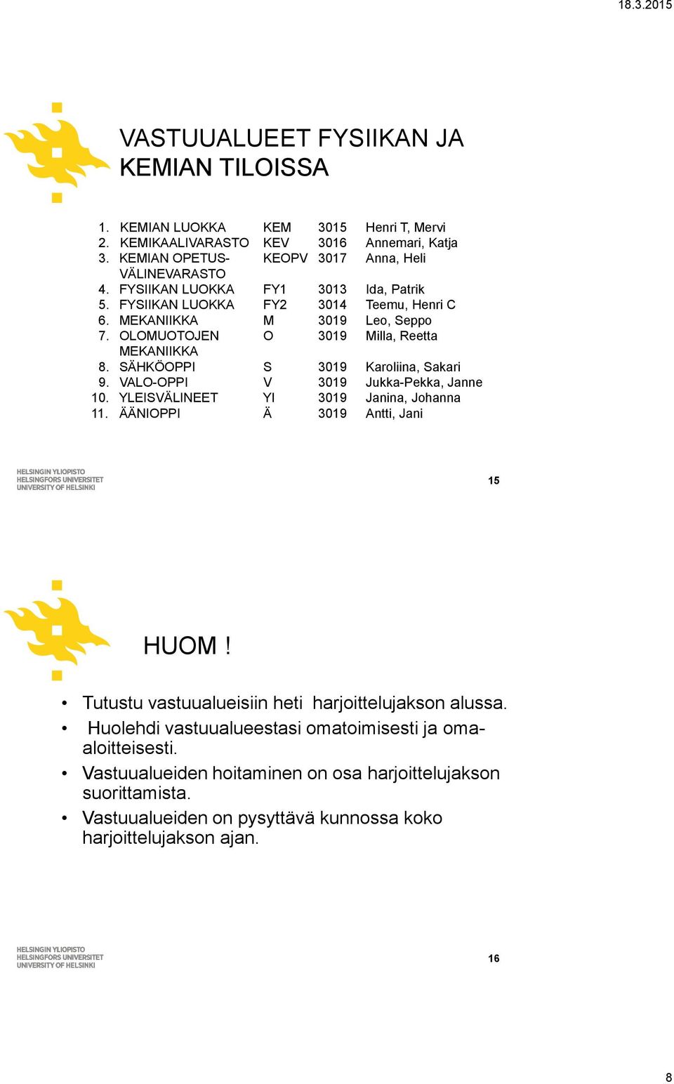 SÄHKÖOPPI S 3019 Karoliina, Sakari 9. VALO-OPPI V 3019 Jukka-Pekka, Janne 10. YLEISVÄLINEET Yl 3019 Janina, Johanna 11. ÄÄNIOPPI Ä 3019 Antti, Jani 15 HUOM!