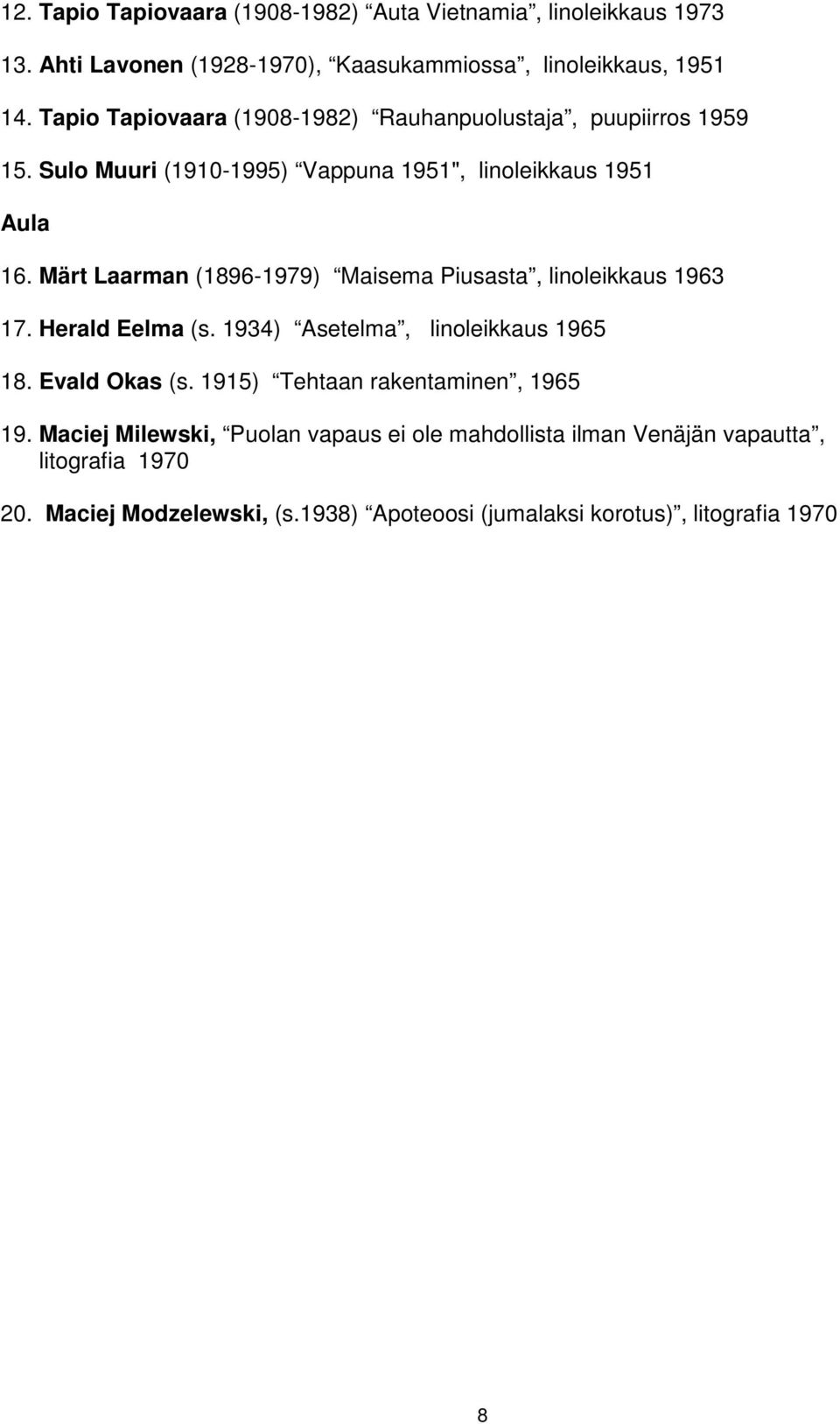 Märt Laarman (1896-1979) Maisema Piusasta, linoleikkaus 1963 17. Herald Eelma (s. 1934) Asetelma, linoleikkaus 1965 18. Evald Okas (s.