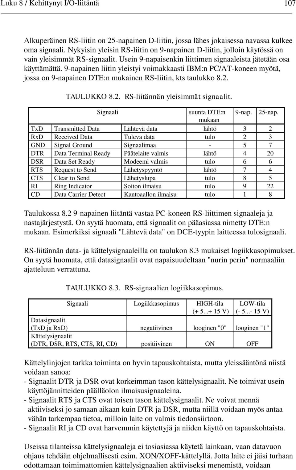 9-napainen liitin yleistyi voimakkaasti IBM:n PC/AT-koneen myötä, jossa on 9-napainen DTE:n mukainen RS-liitin, kts taulukko 8.2. TAULUKKO 8.2. RS-liitännän yleisimmät signaalit.