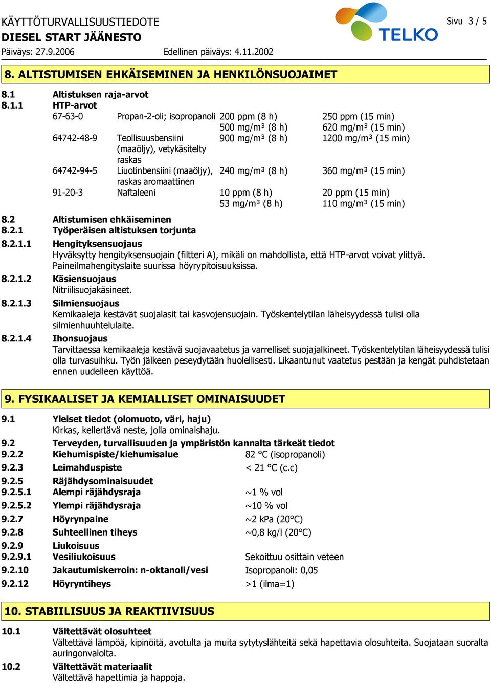 1 HTP-arvot 67-63-0 Propan-2-oli; isopropanoli 200 ppm (8 h) 250 ppm (15 min) 500 mg/m³ (8 h) 620 mg/m³ (15 min) 64742-48-9 Teollisuusbensiini 900 mg/m³ (8 h) 1200 mg/m³ (15 min) (maaöljy),