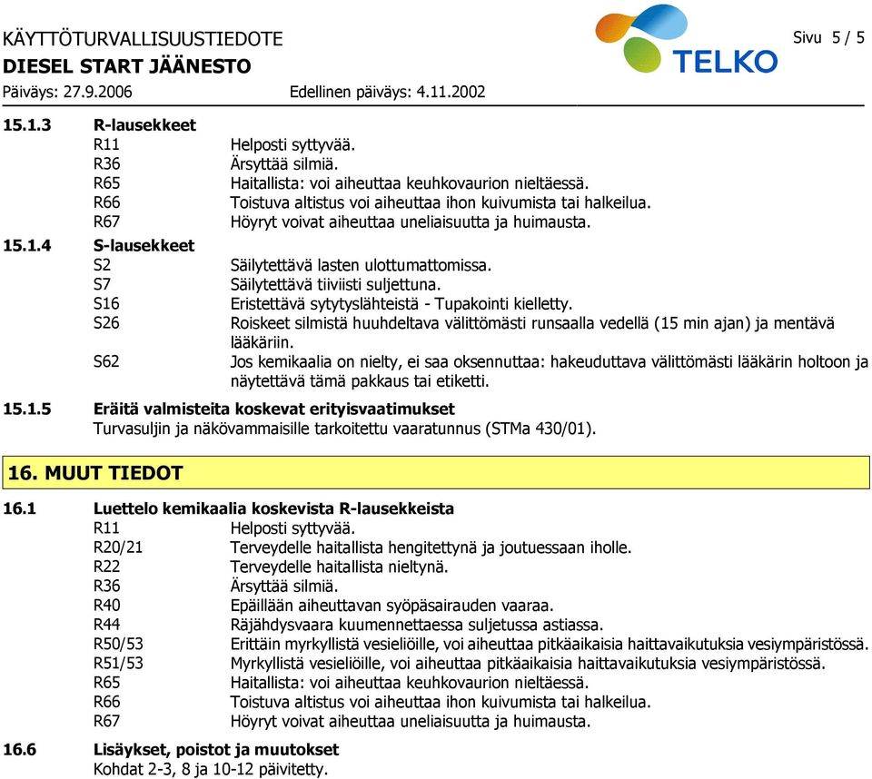 Eristettävä sytytyslähteistä - Tupakointi kielletty. Roiskeet silmistä huuhdeltava välittömästi runsaalla vedellä (15 min ajan) ja mentävä lääkäriin.