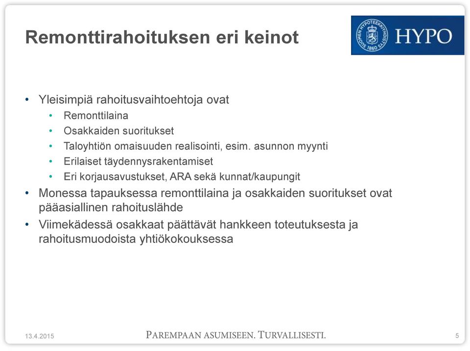 asunnon myynti Erilaiset täydennysrakentamiset Eri korjausavustukset, ARA sekä kunnat/kaupungit Monessa