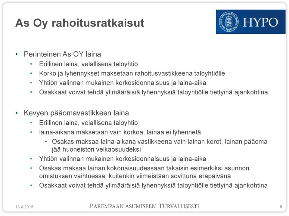 lainaa ei lyhennetä Osakas maksaa laina-aikana vastikkeena vain lainan korot, lainan pääoma jää huoneiston velkaosuudeksi Yhtiön valinnan mukainen korkosidonnaisuus ja laina-aika Osakas maksaa lainan