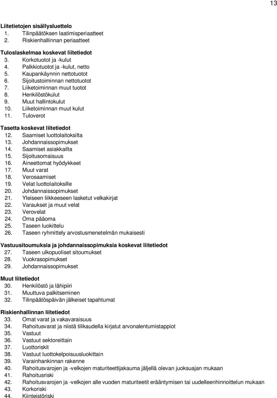 Tuloverot Tasetta koskevat liitetiedot 12. Saamiset luottolaitoksilta 13. Johdannaissopimukset 14. Saamiset asiakkailta 15. Sijoitusomaisuus 16. Aineettomat hyödykkeet 17. Muut varat 18.