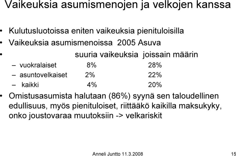 asuntovelkaiset 2% 22% kaikki 4% 20% Omistusasumista halutaan (86%) syynä sen taloudellinen