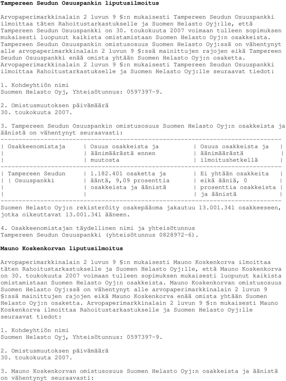 Tampereen Seudun Osuuspankin omistusosuus :ssä on vähentynyt alle arvopaperimarkkinalain 2 luvun 9 :ssä mainittujen rajojen eikä Tampereen Seudun Osuuspankki enää omista yhtään :n osaketta.