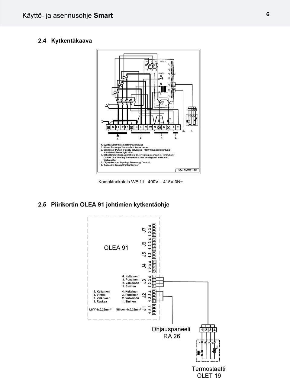 förregling av annan el. förbrukare/ Control of el heating/ Steuerkontact für Verrieglund anderer el. Verbraucher 5. Ohjauskeskus/ Styrning/ Steuerung/ Control. 6. Tuntoelin/ Sensor/ Fühler/ Sensor.