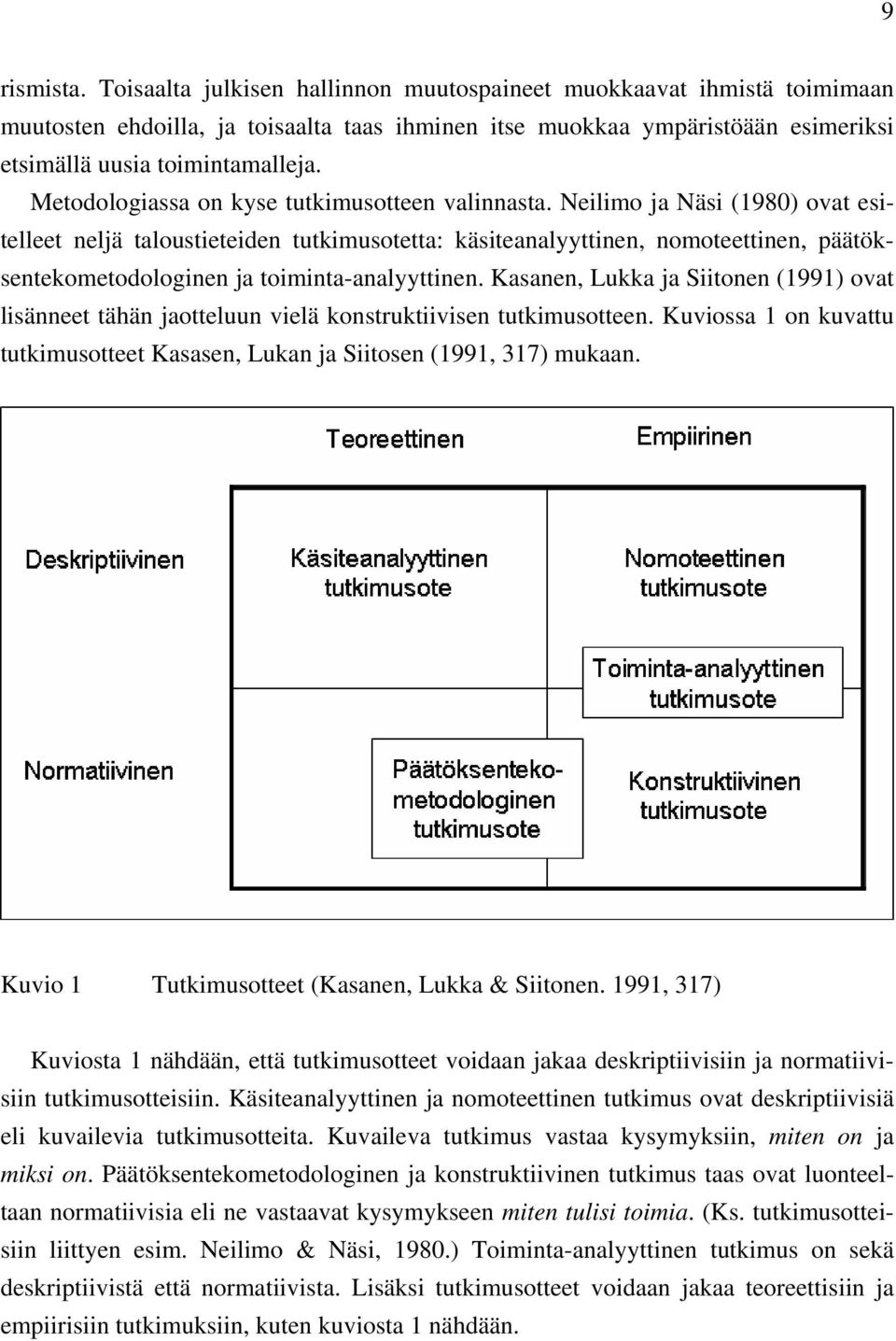 Neilimo ja Näsi (1980) ovat esitelleet neljä taloustieteiden tutkimusotetta: käsiteanalyyttinen, nomoteettinen, päätöksentekometodologinen ja toiminta-analyyttinen.