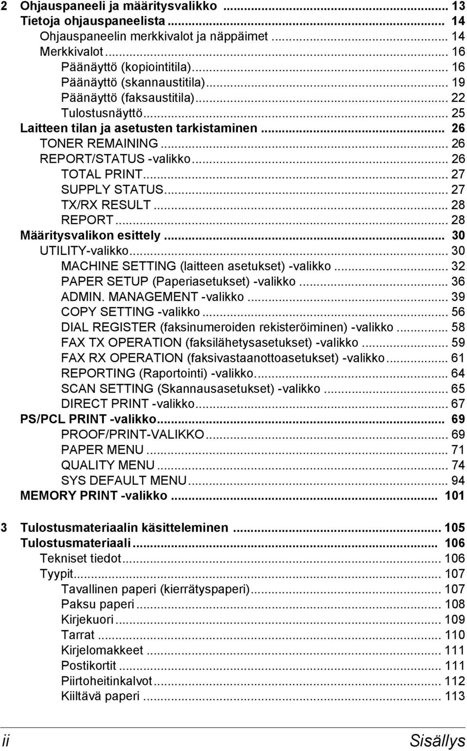 .. 27 TX/RX RESULT... 28 REPORT... 28 Määritysvalikon esittely... 30 UTILITY-valikko... 30 MACHINE SETTING (laitteen asetukset) -valikko... 32 PAPER SETUP (Paperiasetukset) -valikko... 36 ADMIN.