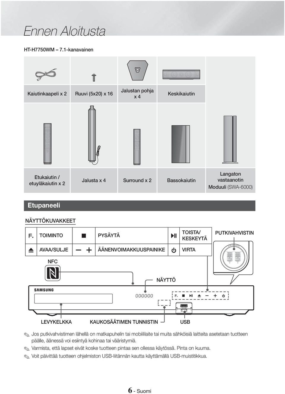 Etupaneeli NÄYTTÖKUVAKKEET TOIMINTO PYSÄYTÄ TOISTA/ KESKEYTÄ PUTKIVAHVISTIN AVAA/SULJE ÄÄNENVOIMAKKUUSPAINIKE VIRTA NFC NÄYTTÖ 5V 0.