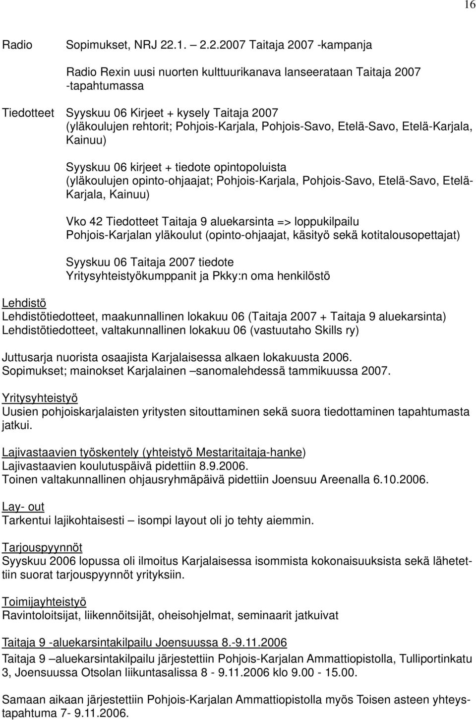 2.2007 Taitaja 2007 -kampanja Radio Rexin uusi nuorten kulttuurikanava lanseerataan Taitaja 2007 -tapahtumassa Tiedotteet Syyskuu 06 Kirjeet + kysely Taitaja 2007 (yläkoulujen rehtorit;