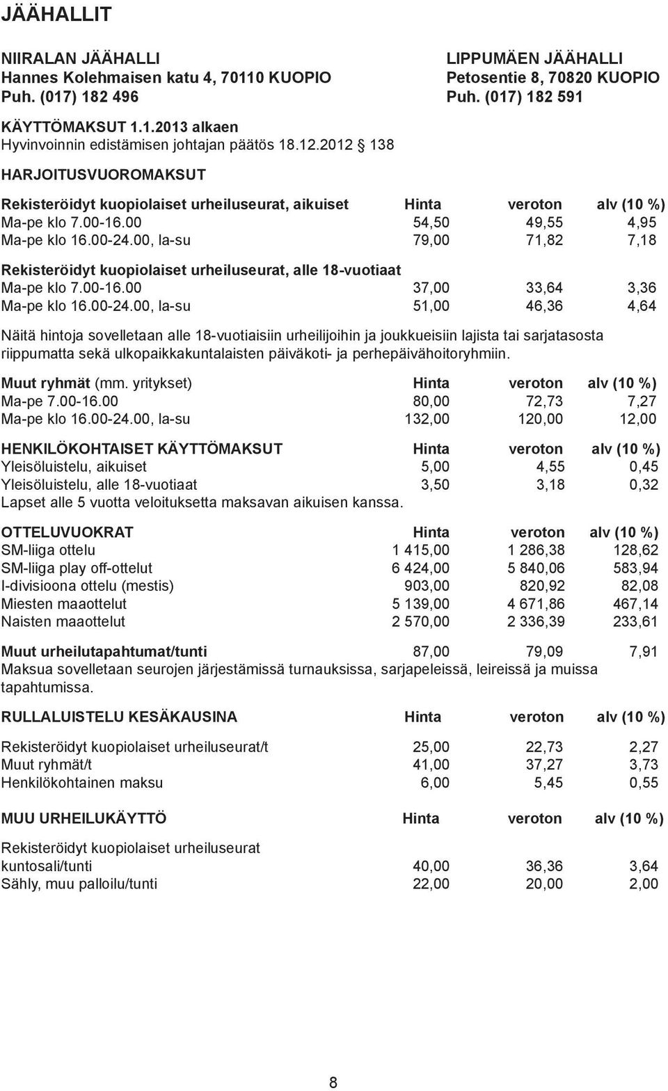 00, la-su 79,00 71,82 7,18 Rekisteröidyt kuopiolaiset urheiluseurat, alle 18-vuotiaat Ma-pe klo 7.00-16.00 37,00 33,64 3,36 Ma-pe klo 16.00-24.