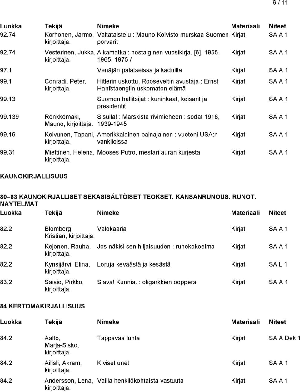 139 Rönkkömäki, Mauno, 99.16 Koivunen, Tapani, 99.31 Miettinen, Helena, KAUNOKIRJALLISUUS Sisulla!