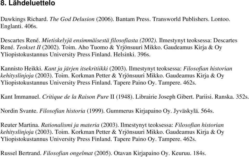 Kant ja järjen itsekritiikki (2003). Ilmestynyt teoksessa: Filosofian historian kehityslinjoja (2003). Toim. Korkman Petter & Yrjönsuuri Mikko.