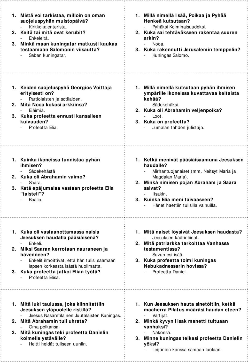 Kuka sai tehtäväkseen rakentaa suuren arkin? Nooa. 3. Kuka rakennutti Jerusalemin temppelin? Kuningas Salomo. 1. Keiden suojeluspyhä Georgios Voittaja erityisesti on? Partiolaisten ja sotilaiden. 2.