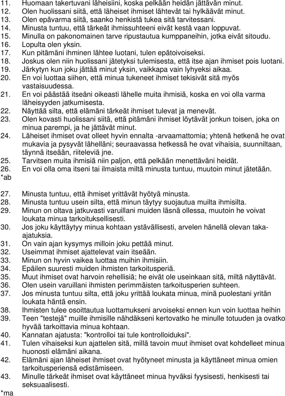 Minulla on pakonomainen tarve ripustautua kumppaneihin, jotka eivät sitoudu. 16. Lopulta olen yksin. 17. Kun pitämäni ihminen lähtee luotani, tulen epätoivoiseksi. 18.