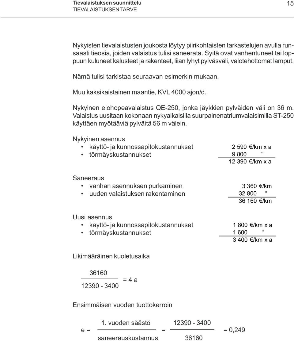 Muu kaksikaistainen maantie, KVL 4000 ajon/d. Nykyinen elohopeavalaistus QE-250, jonka jäykkien pylväiden väli on 36 m.