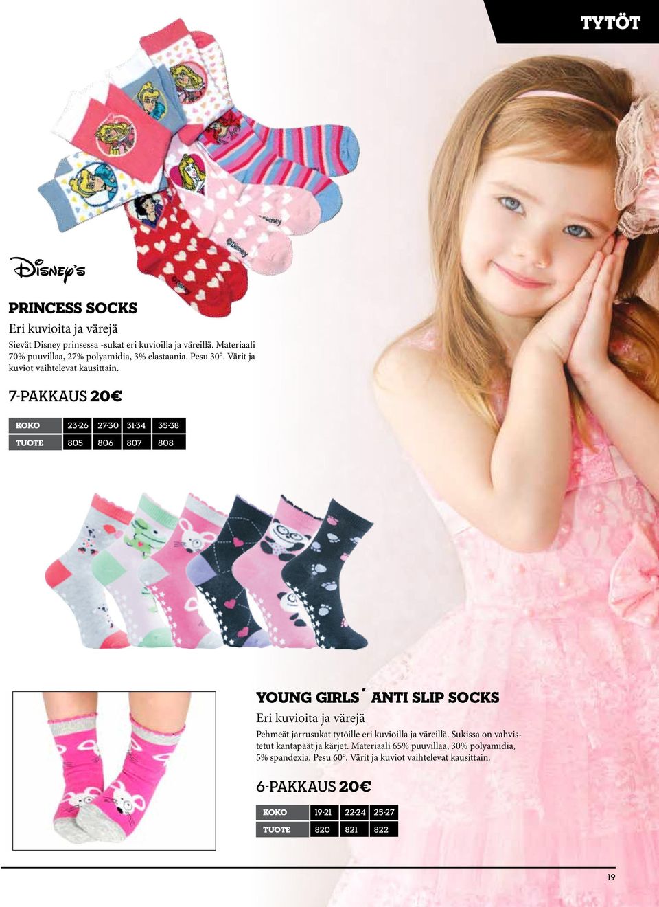 7-pakkaus koko 23-26 27-30 31-34 35-38 tuote 805 806 807 808 Young Girls Anti slip socks Pehmeät jarrusukat tytöille eri kuvioilla