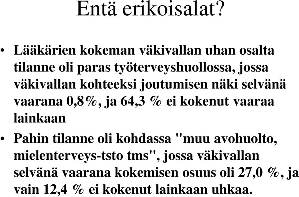 väkivallan kohteeksi joutumisen näki selvänä vaarana 0,8%, ja 64,3 % ei kokenut vaaraa