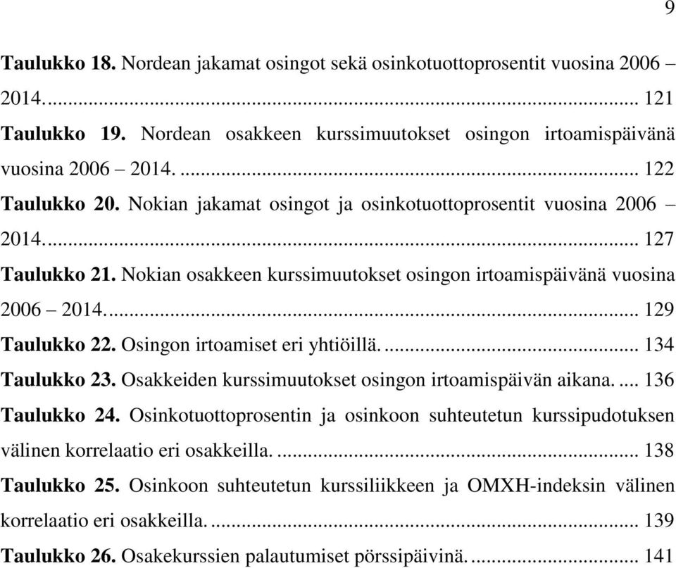 Osingon irtoamiset eri yhtiöillä.... 134 Taulukko 23. Osakkeiden kurssimuutokset osingon irtoamispäivän aikana.... 136 Taulukko 24.