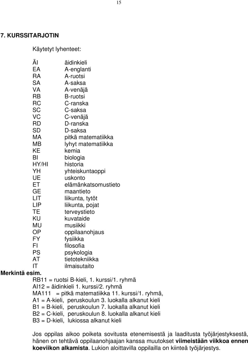 musiikki OP oppilaanohjaus FY fysiikka FI filosofia PS psykologia AT tietotekniikka IT ilmaisutaito Merkintä esim. RB11 = ruotsi B-kieli, 1. kurssi/1. ryhmä AI12 = äidinkieli 1. kurssi/2.