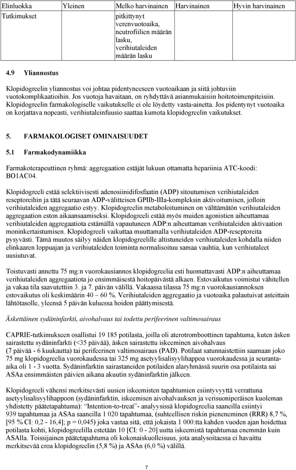 vuotokomplikaatioihin. Jos vuotoja havaitaan, on ryhdyttävä asianmukaisiin hoitotoimenpiteisiin. Klopidogreelin farmakologiselle vaikutukselle ei ole löydetty vasta-ainetta.