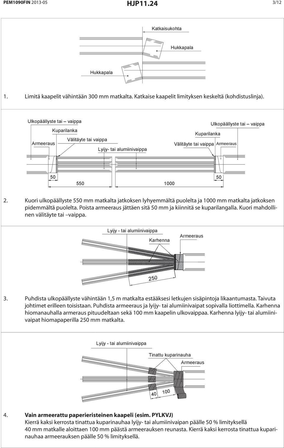 Kuori ulkopäällyste 550 mm matkalta jatkoksen lyhyemmältä puolelta ja 1000 mm matkalta jatkoksen pidemmältä puolelta. Poista armeeraus jättäen sitä 50 mm ja kiinnitä se kuparilangalla.