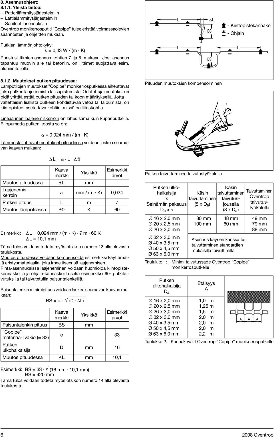 L BS L - Fixpunktschelle Kiintopistekannake - Gleitschelle Ohjain Putkien lämmönjohtokyky: λ = 0, W / (m K) L L Puristusliittimien asennus kohtien 7. ja 8. mukaan.