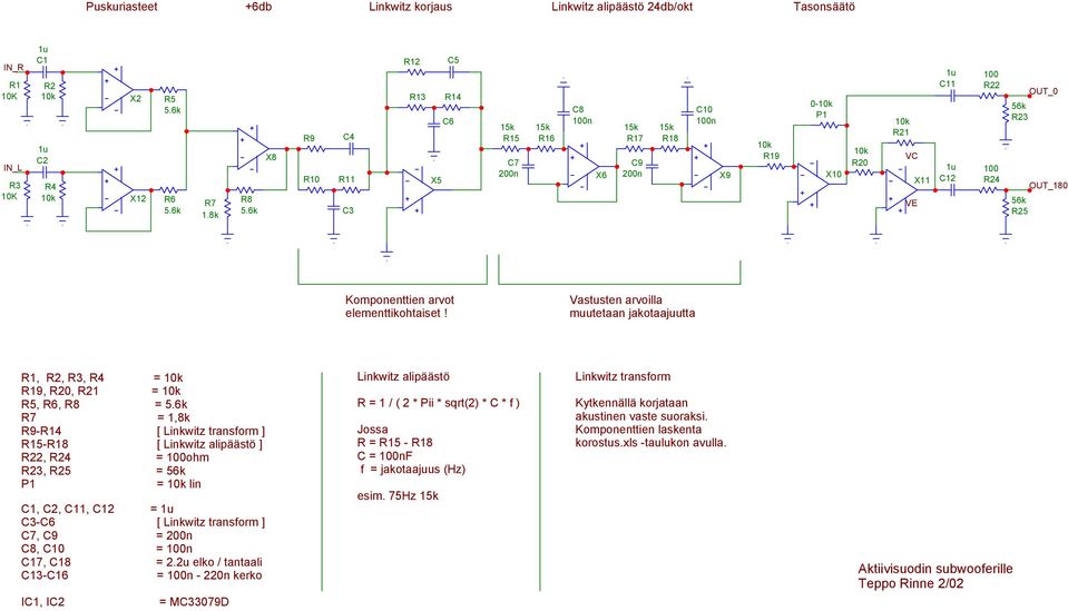OUT_180 Komponenttien arvot elementtikohtaiset! Vastusten arvoilla muutetaan jakotaajuutta R1, R2, R3, R4 = R19, R20, R21 = R5, R6, R8 = 5.