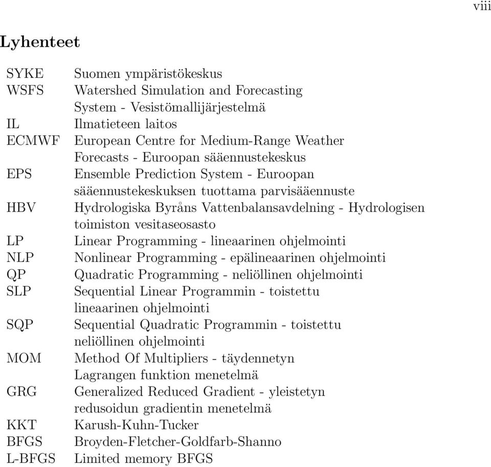 Vattenbalansavdelning - Hydrologisen toimiston vesitaseosasto Linear Programming - lineaarinen ohjelmointi Nonlinear Programming - epälineaarinen ohjelmointi Quadratic Programming - neliöllinen