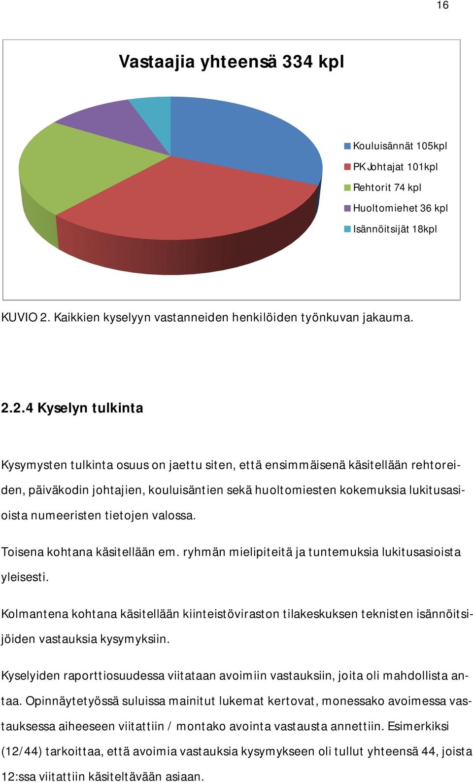 2.4 Kyselyn tulkinta Kysymysten tulkinta osuus on jaettu siten, että ensimmäisenä käsitellään rehtoreiden, päiväkodin johtajien, kouluisäntien sekä huoltomiesten kokemuksia lukitusasioista