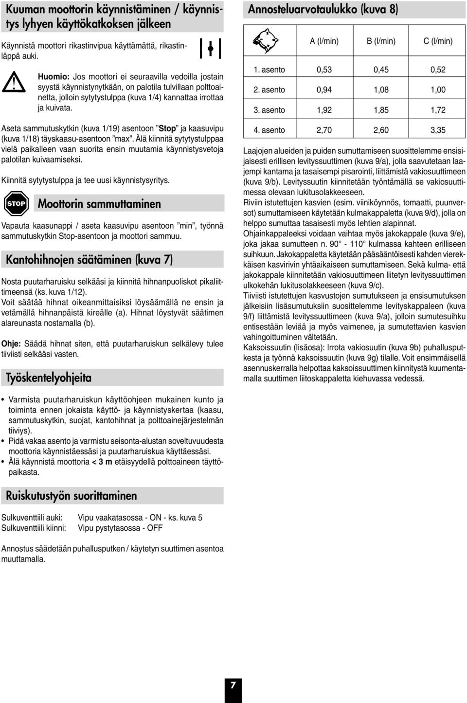 Aseta sammutuskytkin (kuva 1/19) asentoon Stop ja kaasuvipu (kuva 1/18) täyskaasu-asentoon max.