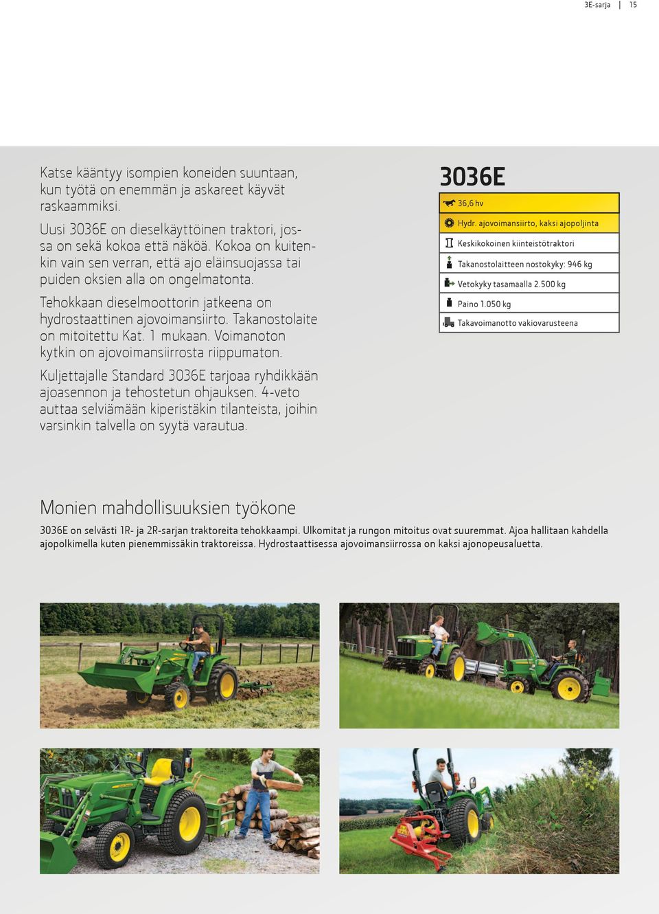 Takanostolaite on mitoitettu Kat. 1 mukaan. Voimanoton kytkin on ajovoimansiirrosta riippumaton. 3036E 36,6 hv Hydr.