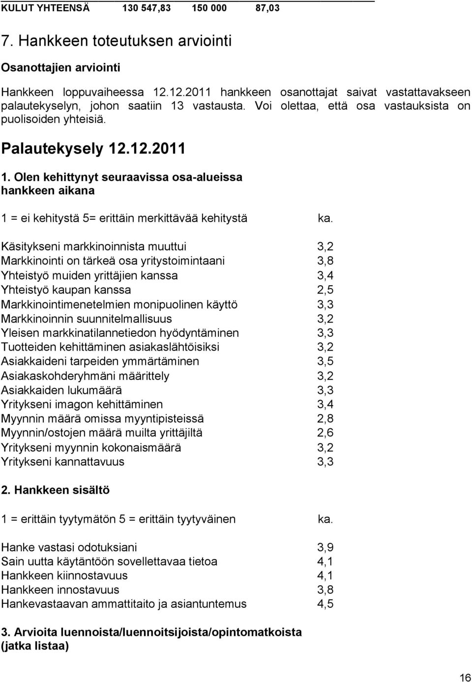 Olen kehittynyt seuraavissa osa-alueissa hankkeen aikana 1 = ei kehitystä 5= erittäin merkittävää kehitystä ka.