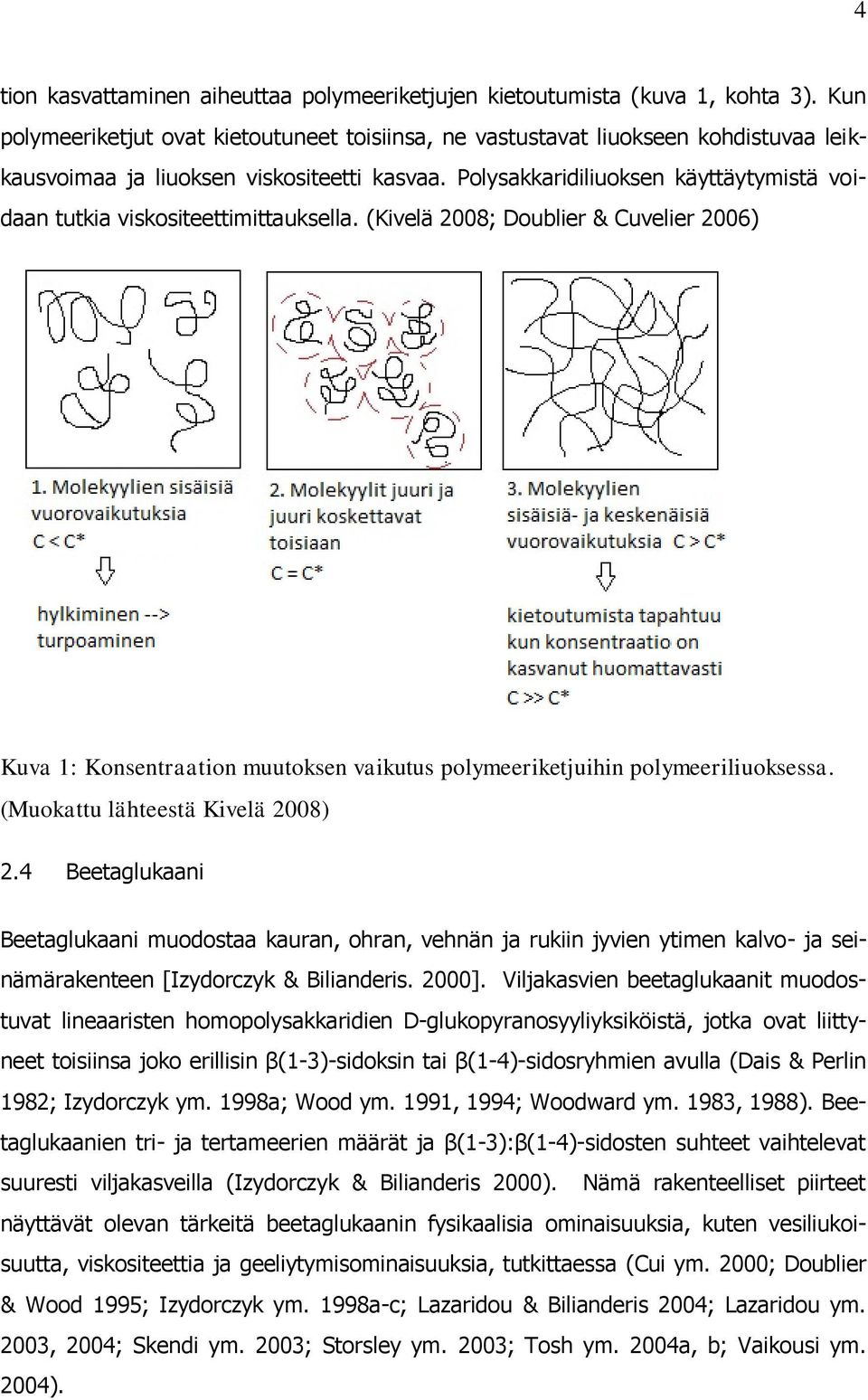 Polysakkaridiliuoksen käyttäytymistä voidaan tutkia viskositeettimittauksella. (Kivelä 2008; Doublier & Cuvelier 2006) Kuva 1: Konsentraation muutoksen vaikutus polymeeriketjuihin polymeeriliuoksessa.