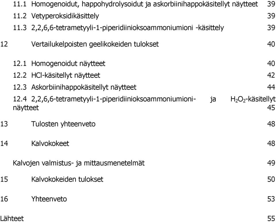 1 Homogenoidut näytteet 40 12.2 HCl-käsitellyt näytteet 42 12.3 Askorbiinihappokäsitellyt näytteet 44 12.