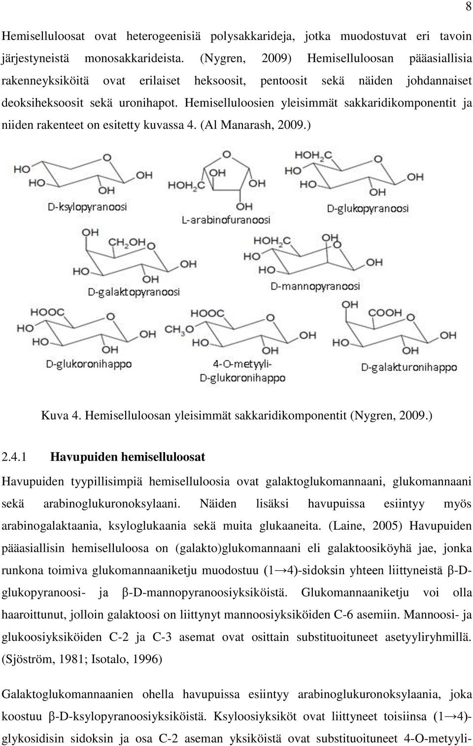 Hemiselluloosien yleisimmät sakkaridikomponentit ja niiden rakenteet on esitetty kuvassa 4.