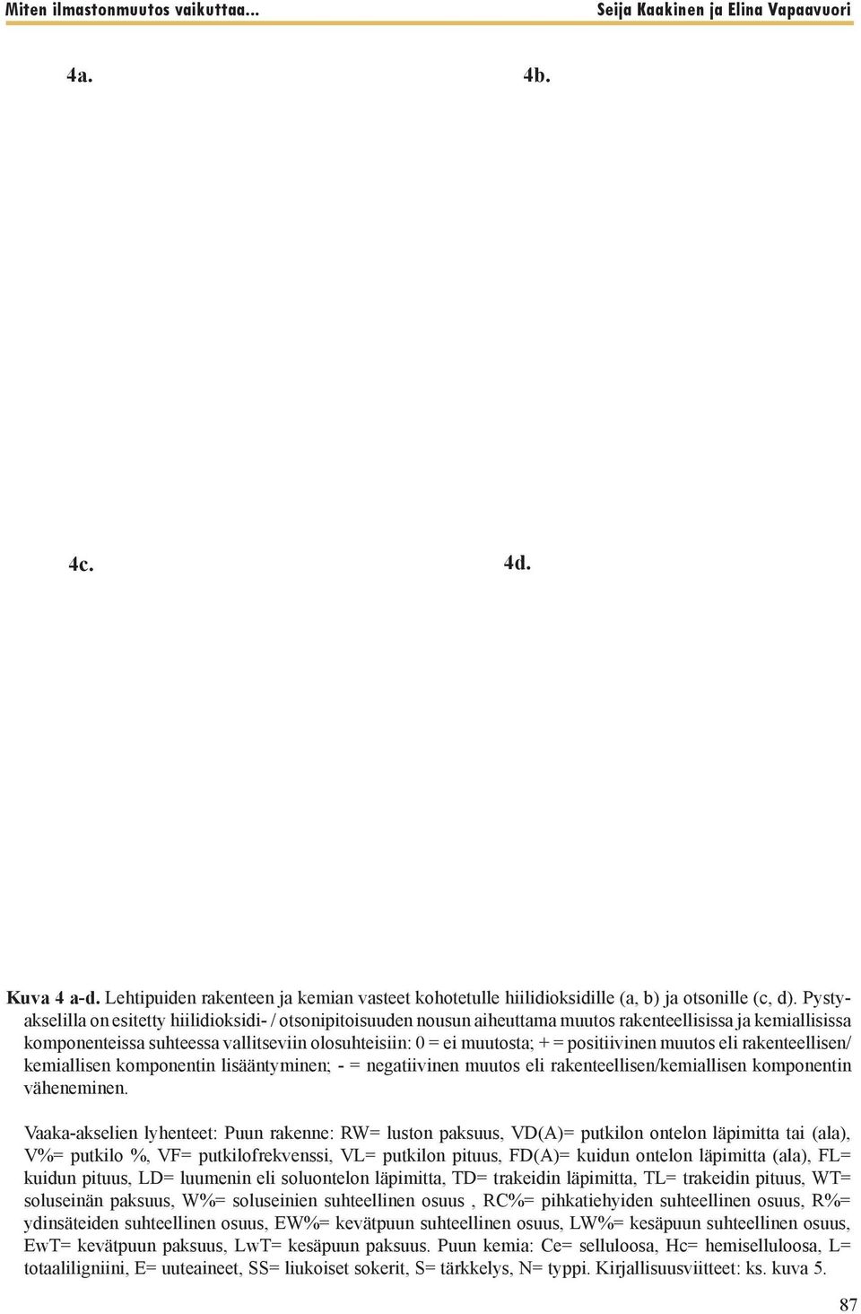 positiivinen muutos eli rakenteellisen/ kemiallisen komponentin lisääntyminen; - = negatiivinen muutos eli rakenteellisen/kemiallisen komponentin väheneminen.