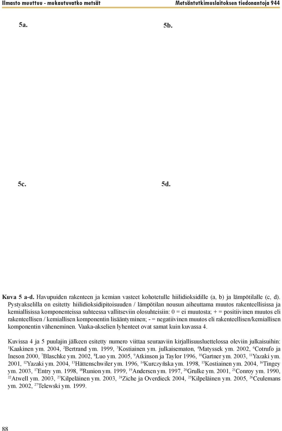 Pystyakselilla on esitetty hiilidioksidipitoisuuden / lämpötilan nousun aiheuttama muutos rakenteellisissa ja kemiallisissa komponenteissa suhteessa vallitseviin olosuhteisiin: 0 = ei muutosta; + =