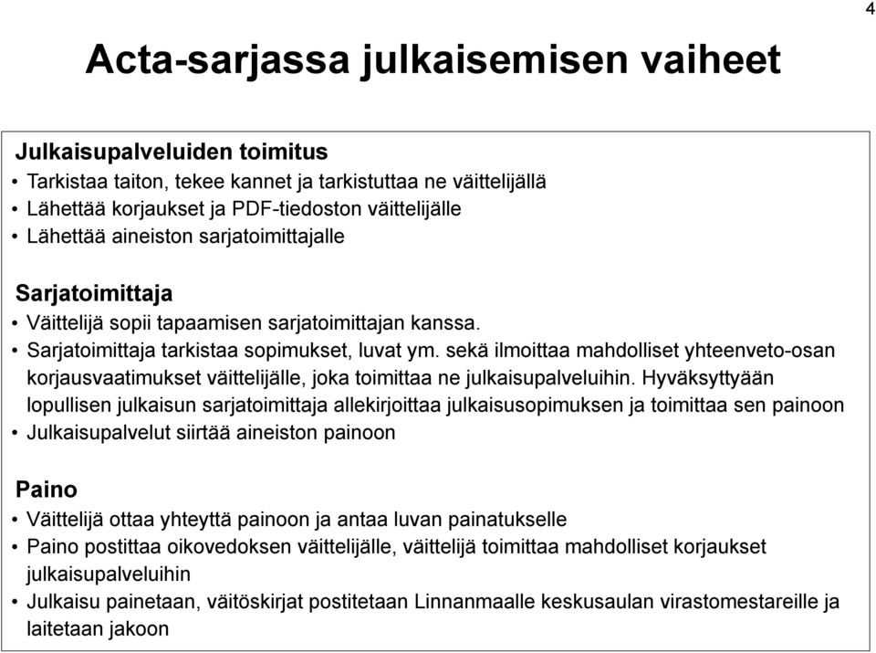 sekä ilmoittaa mahdolliset yhteenveto-osan korjausvaatimukset väittelijälle, joka toimittaa ne julkaisupalveluihin.