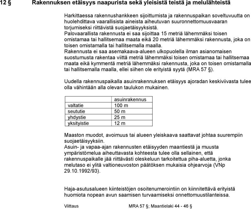 Palovaarallista rakennusta ei saa sijoittaa 15 metriä lähemmäksi toisen omistamaa tai hallitsemaa maata eikä 20 metriä lähemmäksi rakennusta, joka on toisen omistamalla tai hallitsemalla maalla.