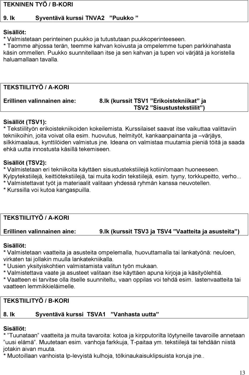 TEKSTIILITYÖ / A-KORI Erillinen valinnainen aine: 8.lk (kurssit TSV1 Erikoistekniikat ja TSV2 Sisustustekstiilit ) Sisällöt (TSV1): * Tekstiilityön erikoistekniikoiden kokeilemista.