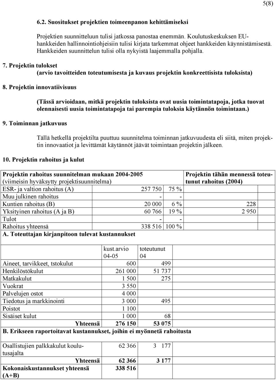 Projektin tulokset (arvio tavoitteiden toteutumisesta ja kuvaus projektin konkreettisista tuloksista) 8. Projektin innovatiivisuus 9.